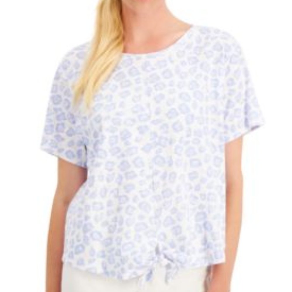 SIZE:M CHARTER CLUB BLUE AND GRAY LEOPAR PRINT SHORT SLV SHIRT W/TIE HEM